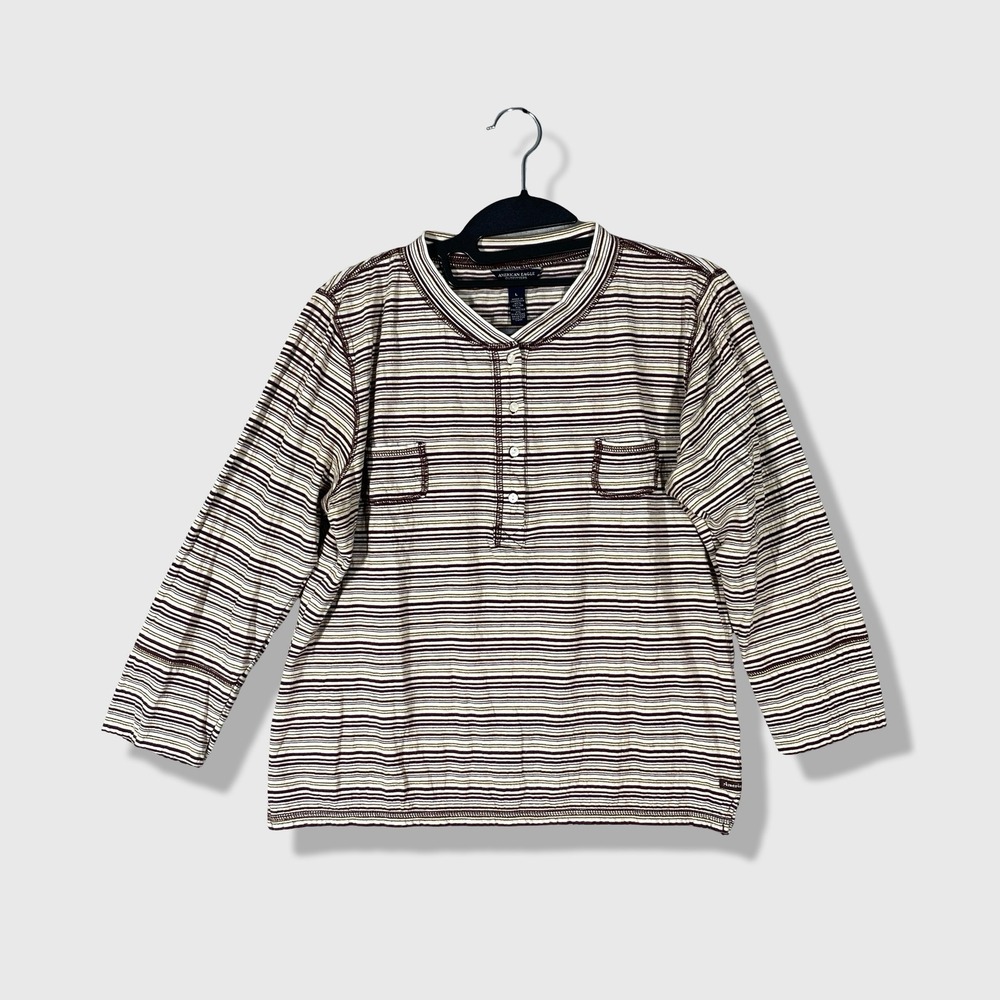 American Eagle Henley Top Womens L Brown Striped Coastal Grandma Cabin Core Y2K